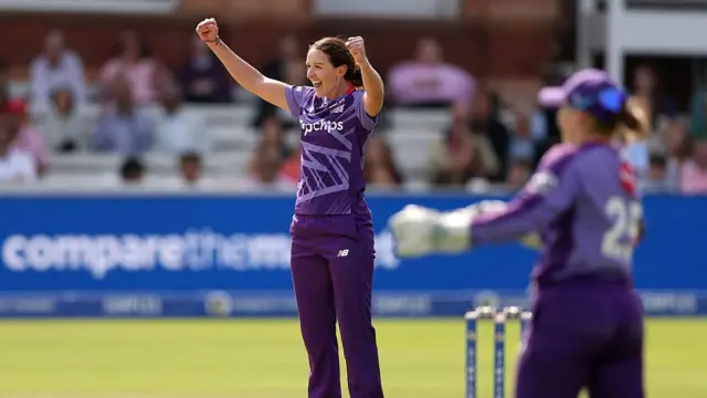Kate Cross of Northern Superchargers celebrates after taking the wicket of Cordelia Griffith of London Spirit