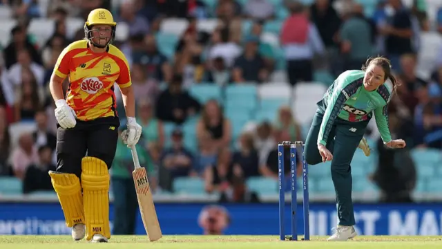 Amanda-Jade Wellington of Oval Invincibles bowls