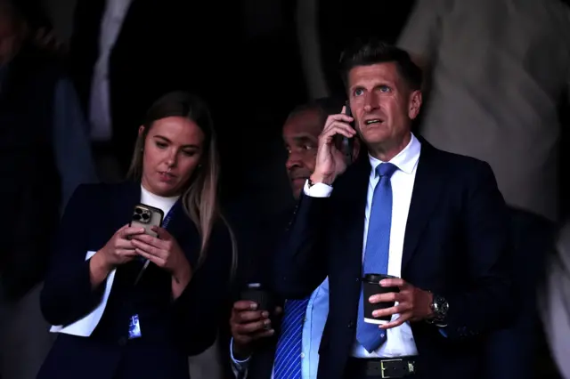 Steve Parish on the phone in the stands at Selhurst Park