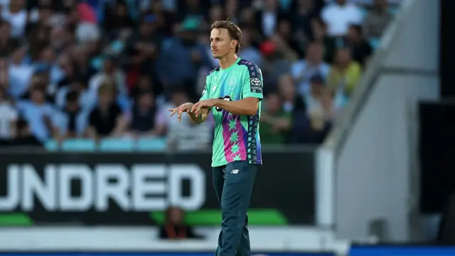 Tom Curran of Oval Invincibles celebrates after taking the wicket of David Willey