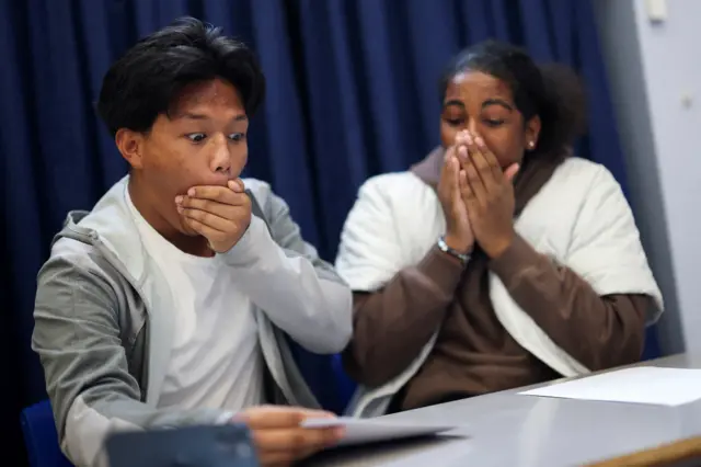 Joshua Boado and Rahnai Henricus have their hands over their mouths as they look at their results