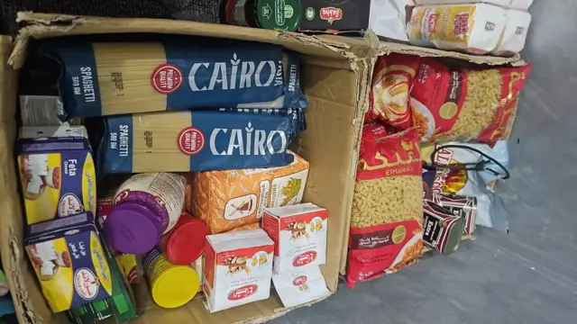 Two cardboard boxes containing dry food.