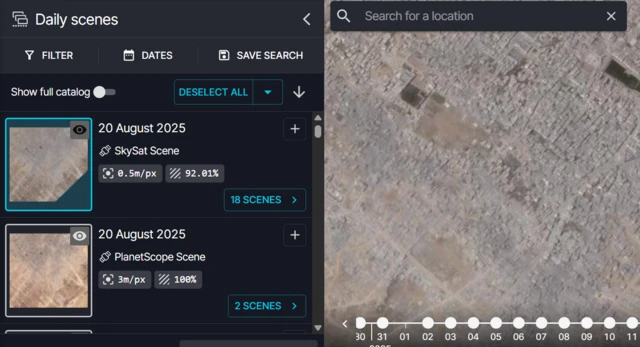 A screenshot from Planet Labs shows satellite imagery of Gaza City.