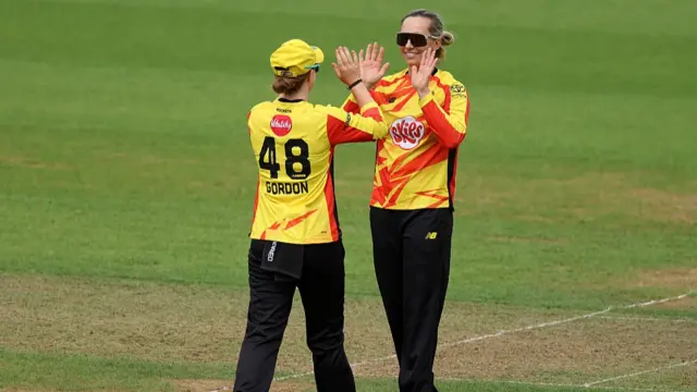 Gardner celebrates with Gordon after picking up the wicket of Kapp