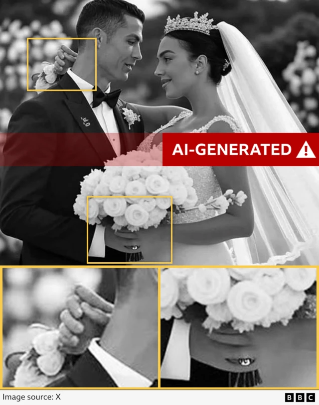 A close up of the hands in the fake wedding picture of Cristiano Ronaldo.