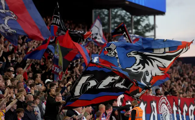 Palace fans wave flags and cheer in the stands