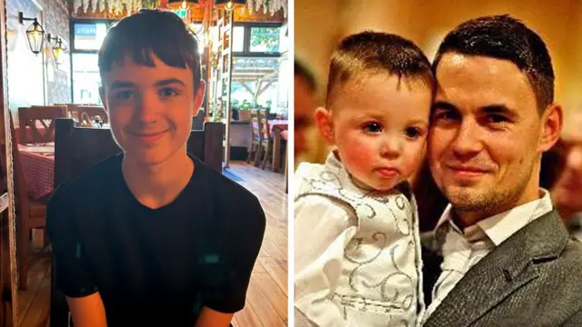 Two images side by side - one of teenage boy, and other of young man holding a baby.