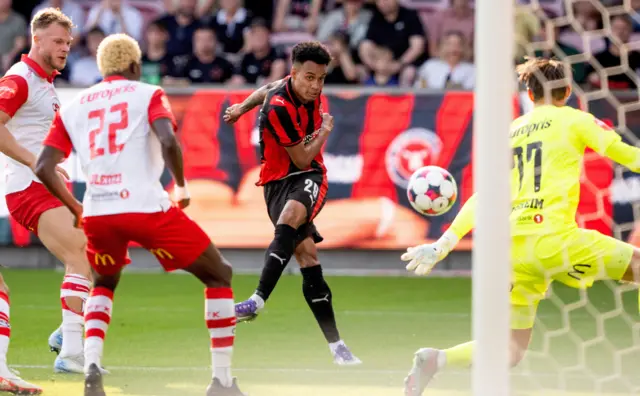 Paulo Victor da Silva scores for FC Midtjylland v Fredrikstad