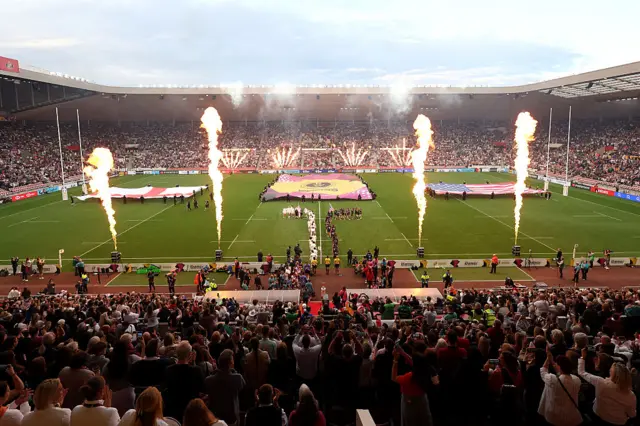 Fireworks as the teams walk out on to the pitch