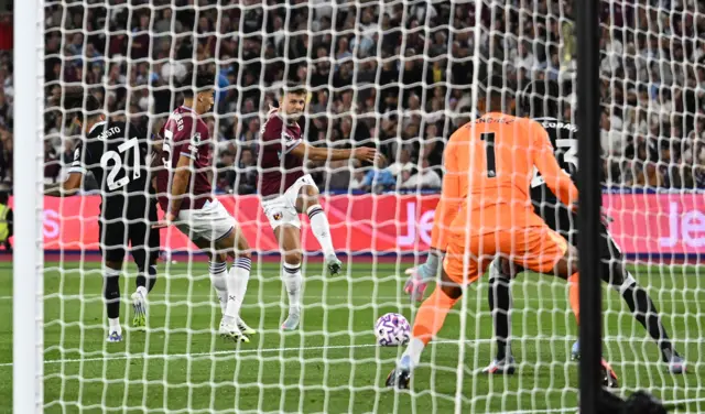West Ham United's Niclas Fullkrug scores their second goal past Chelsea's Robert Sanchez before it is disallowed after a VAR review