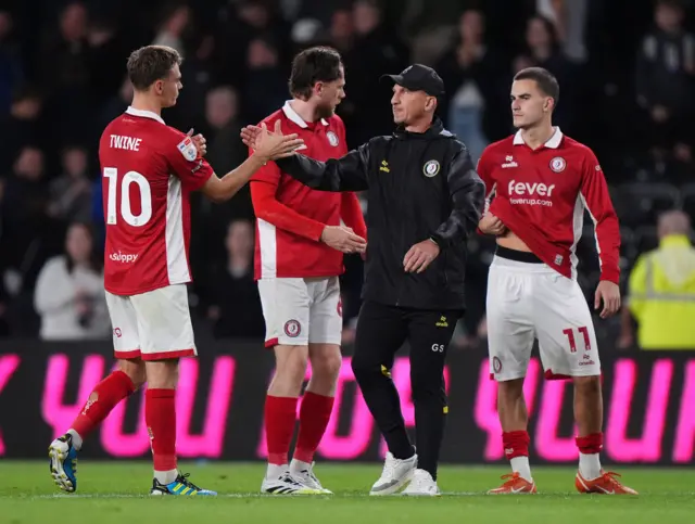 Bristol City boss Gerhard Struber thanks his players after their draw with Derby
