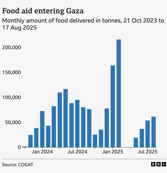 A bar chart showing the monthly amount of food aid entering Gaza between 21 October 2023 and 17 August 2025. The amount of food aid reached an initial peak of 117,000 tonnes in May 2024 before falling in the second half of last year. It then increased again to 164,000 tonnes in January and 216,000 tonnes in February 2025. There were no food deliveries in March or April this year. The amount delivered has subsequently started to rise again, reaching 61,500 tonnes in the first half of August.