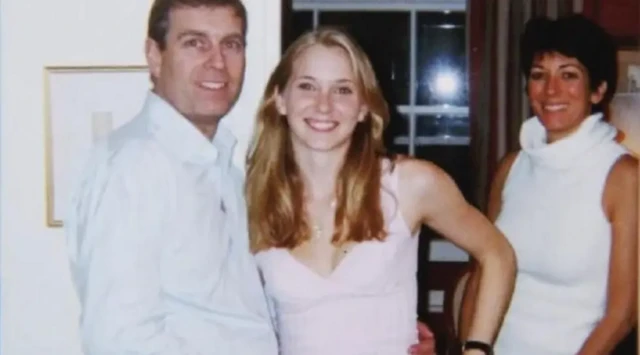 An old photo of Prince Andrew with his arm around Virginia Giuffre, with Ghislaine Maxwell in the background