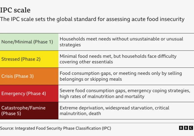 Table explaining the IPC scale, which sets the global standard for assessing acute food insecurity. The scale goes from none or minimal food insecurity (phase 1) to stressed, crisis, emergency and finally catastrophe or famine situation (phase 5)