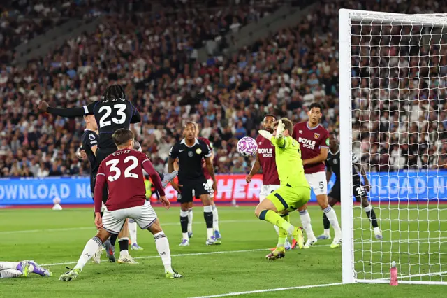Trevoh Chalobah of Chelsea scores the fifth goal during the Premier League match between West Ham United and Chelsea at London Stadium on August 22, 2025 in London, England.