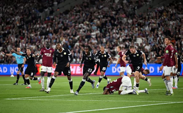Trevoh Chalobah of Chelsea celebrates scoring his team's fifth goal during the Premier League match between West Ham United and Chelsea at London Stadium on August 22, 2025 in London, England.