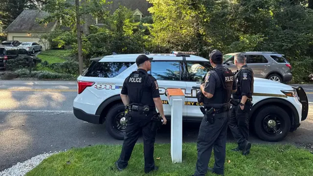 Police officers stand next to a white police car on the side of the road in a suburban area, a house visible behind trees and shrubbery in the background