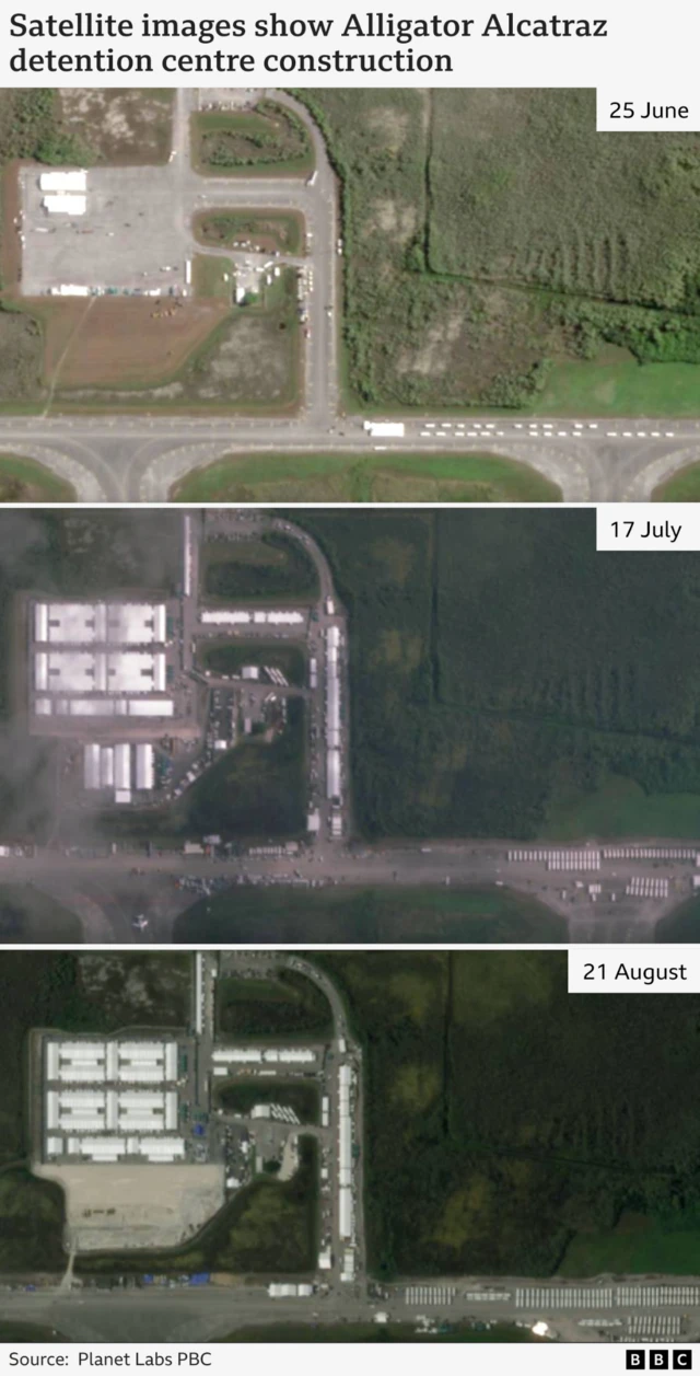 Three satellite images showing the development of Alligator Alcatraz from 25 June (top) through 17 July to 21 August (bottom)