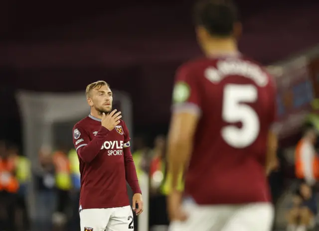 West Ham United's Jarrod Bowen looks dejected after Chelsea's Enzo Fernandez scores their third goal