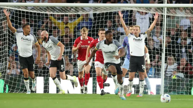 Derby appeal for a penalty against Bristol City