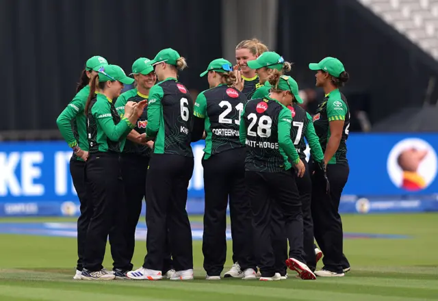 Mady Villiers of Southern Brave celebrates with teammates after taking the catch to dismiss Kira Chathli of London Spirit, off the bowling of Lauren Bell during the The Hundred match between London Spirit Women and Southern Brave Women at Lord's Cricket Ground on August 23, 2025 in London, England.