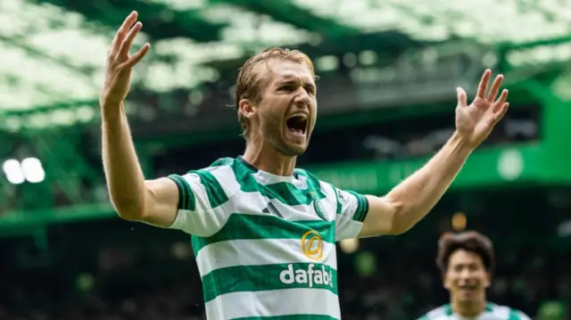 Benjamin Nygren celebrates after scoring for Celtic against Livingston