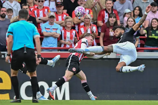 Tyrone Mings of Aston Villa shoots at goal