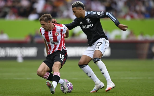 Aston Villa's Morgan Rogers in action with Brentford's Yehor Yarmoliuk