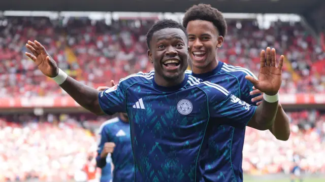 Abdul Fatawu celebrates for Leicester against Charlton