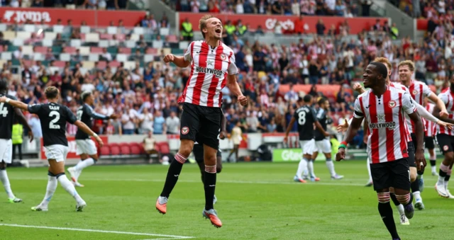Brentford's Mikkel Damsgaard celebrates scoring their second goal before it is disallowed