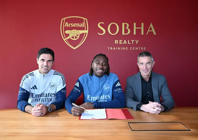 Eberechi Eze signs for Arsenal with Arsenal Manager Mikel Arteta and Andrea Berta Arsenal's Sporting Director