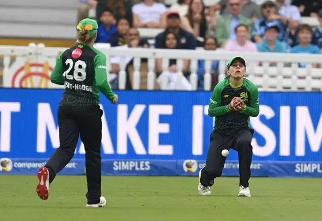 Maia Bouchier of London Spirit drops a catch from the bat of Cordelia Griffith during the The Hundred match between London Spirit Women and Southern Brave Women at Lord's Cricket Ground on August 23, 2025 in London, England.