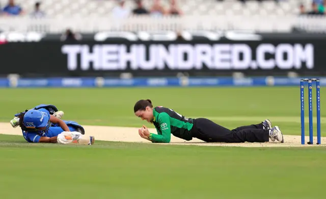 Mady Villiers of Southern Brave takes the catch off her own bowling to dismiss Georgia Redmayne of London Spirit during the The Hundred match between London Spirit Women and Southern Brave Women at Lord's Cricket Ground on August 23, 2025 in London, England.