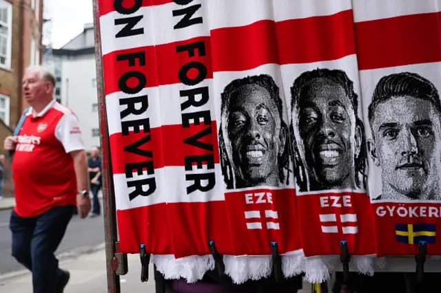 An image of Eberechi Eze on an Arsenal scarf