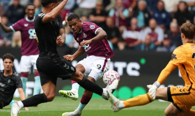 Burnley's Lyle Foster scores their first goal past Sunderland's Robin Roefs before it is disallowed after a VAR review