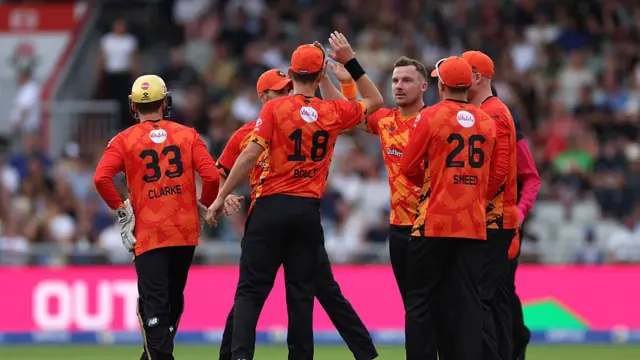 Liam Patterson-White of Birmingham Phoenix celebrates the wicket of Ben McKinney of Manchester Originals