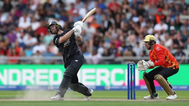 Phil Salt of Manchester Originals bats as he is caught out by Ben Duckett