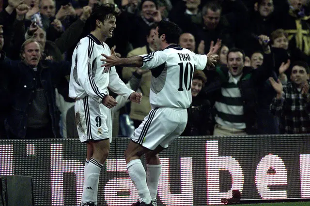 Fernando Morientes of Real Madrid is congratulated by Luis Figo after scoring during the Primera Liga match between Real Madrid and Oviedo at the Santiago Bernabeu