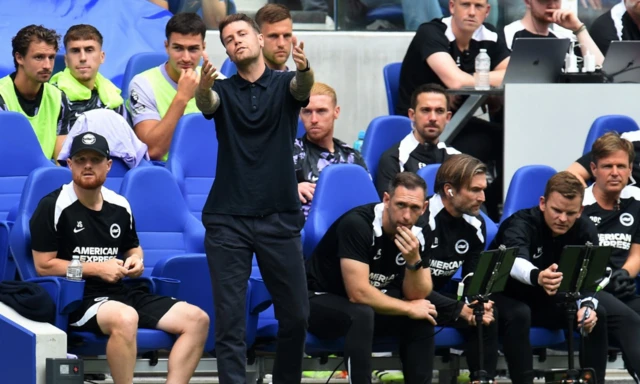 Brighton & Hove Albion manager Fabian Hurzeler reacts