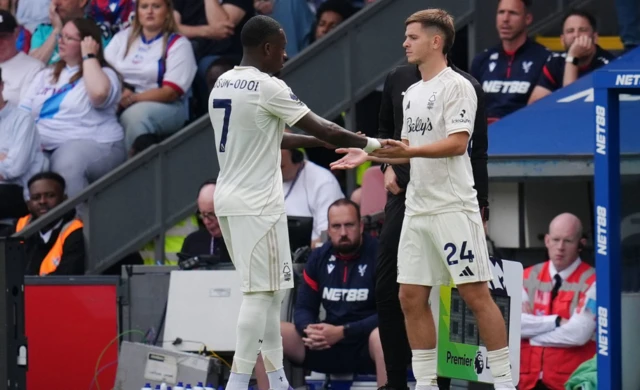Nottingham Forest substitute James McAtee (right) replaces Callum Hudson-Odoi