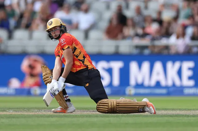 Ellyse Perry of Birmingham Phoenix bats during the The Hundred match between Manchester Originals Women and Birmingham Phoenix Women at Emirates Old Trafford on August 24, 2025 in Manchester, England.