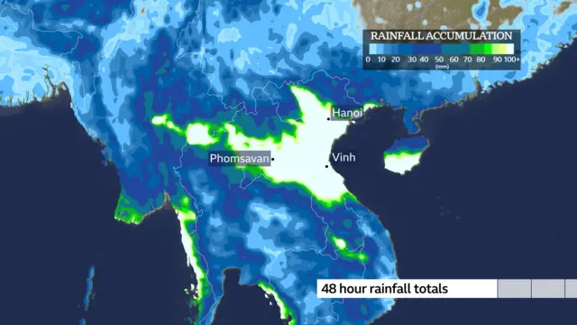 BBC weather graphic showing rainfall accumulation in Vietnam and into Laos