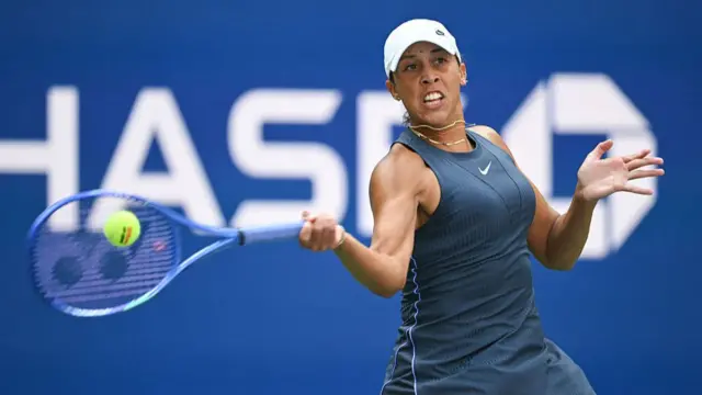 Madison Keys plays a forehand return