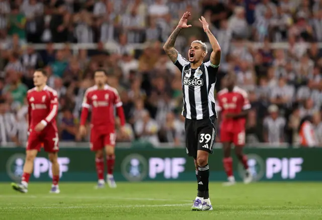 Bruno Guimaraes of Newcastle United celebrates scoring his team's first goal during the Premier League match between Newcastle United and Liverpool at St James' Park on August 25, 2025 in Newcastle upon Tyne, England.