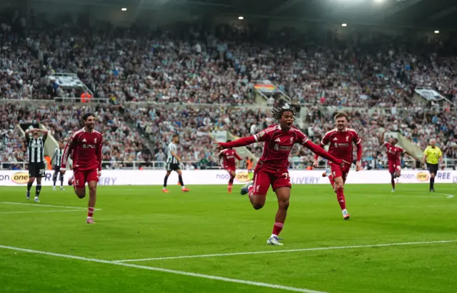Liverpool's Rio Ngumoha celebrates scoring their side's third goal of the game