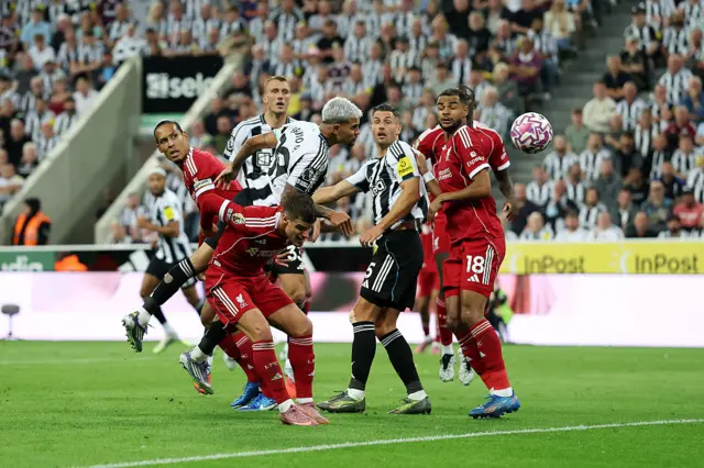 Bruno Guimaraes of Newcastle United scores his team's first goal during the Premier League match between Newcastle United and Liverpool at St James' Park on August 25, 2025 in Newcastle upon Tyne, England.