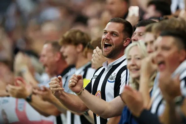Fans of Newcastle United show their support prior to the Premier League match between Newcastle United and Liverpool at St James' Park on August 25, 2025 in Newcastle upon Tyne, England