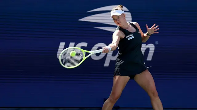 Barbora Krejcikova plays a forehand shot