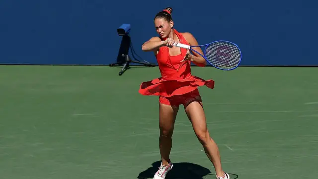 Marta Kostyuk of Ukraine warms up