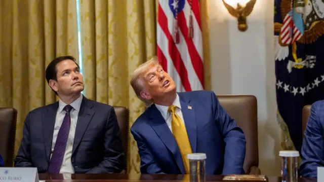 Trump and Rubio sat behind large brown desk, behind them is an eagle on the wall but no gold trim.